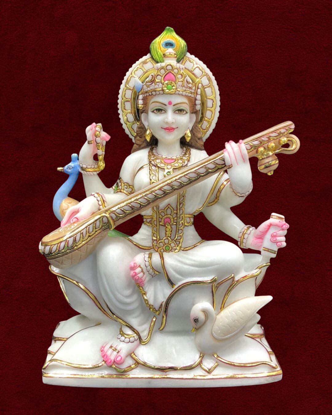 White Marble Saraswati Mata - Elegant Goddess Moorti Premium Handcrafted Educational Deity